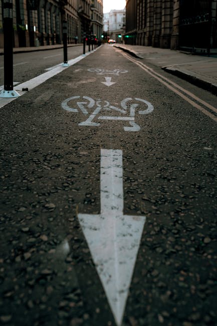 A close-up view of a designated bicycle lane on a city street, with white painted symbols of a bicycle and directional arrows on the asphalt surface. Black metal bollards with reflective strips separa